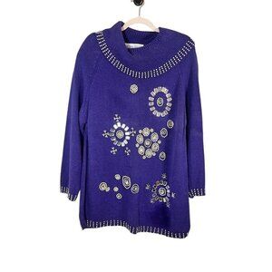 Victoria Harbour Beaded Cowl Neck Sweater L Purple Studded Retro Jeweled Chic